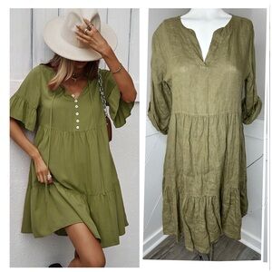 BELLAMBIA 100%GREEN LINEN BABY DOLL DRESS XS